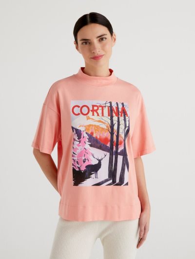 Women's Benetton Winter Print Short Sleeve T-shirts Pink | NZ215796