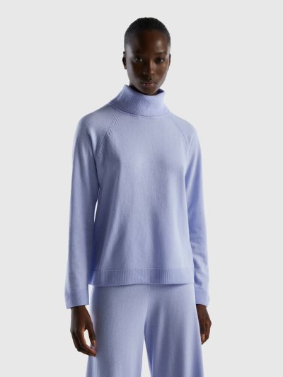 Women's Benetton Wool And Cashmere Blend Turtleneck High Neck Sweaters Light Blue | NZ192202