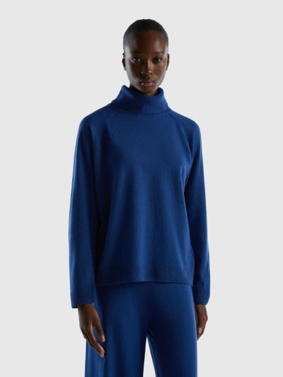 Women's Benetton Wool And Cashmere Blend Turtleneck High Neck Sweaters Dark Blue | NZ455431