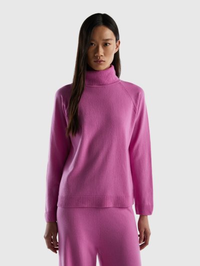 Women's Benetton Wool And Cashmere Blend Turtleneck High Neck Sweaters Pink | NZ886082