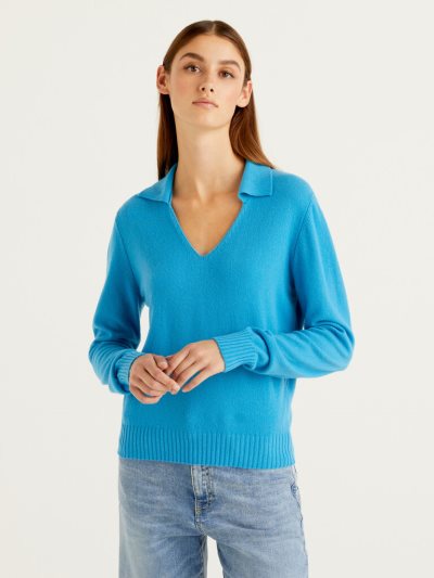 Women's Benetton Wool And Cashmere V-neck Sweaters Turquoise | NZ122028
