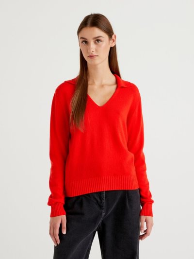 Women's Benetton Wool And Cashmere V-neck Sweaters Red | NZ186192