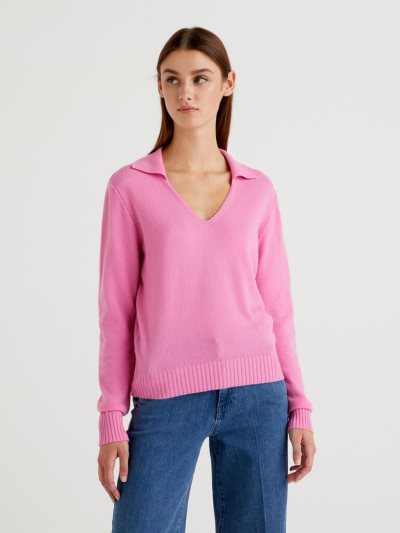 Women's Benetton Wool And Cashmere V-neck Sweaters Pink | NZ240351