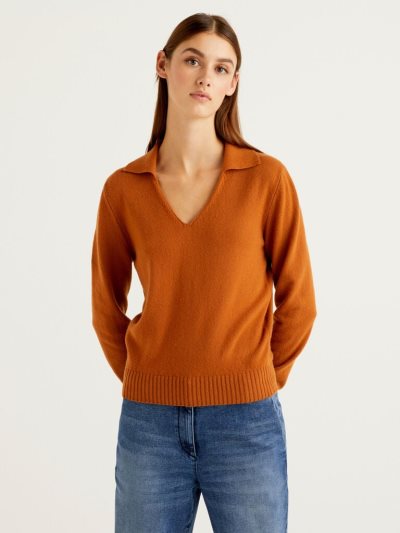 Women's Benetton Wool And Cashmere V-neck Sweaters Burnt | NZ291764