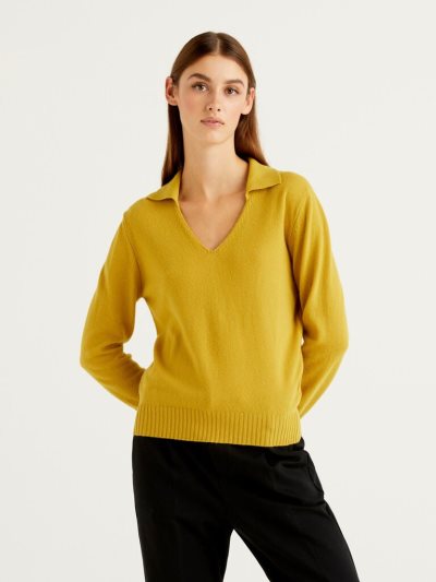 Women's Benetton Wool And Cashmere V-neck Sweaters Yellow | NZ409100