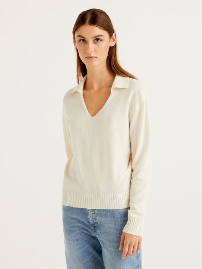 Women's Benetton Wool And Cashmere V-neck Sweaters Creamy White | NZ755777