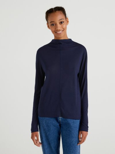 Women's Benetton Wool And Viscose Blend Long Sleeve T-shirts Dark Blue | NZ066797
