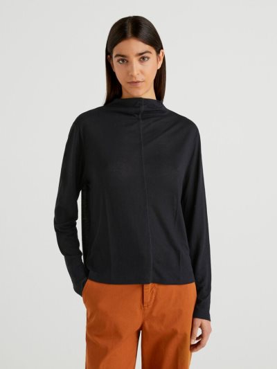 Women's Benetton Wool And Viscose Blend Long Sleeve T-shirts Black | NZ202424