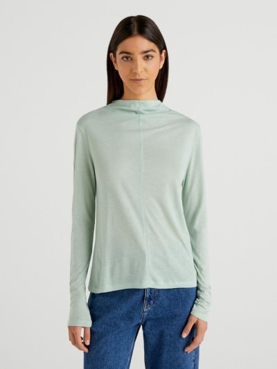 Women's Benetton Wool And Viscose Blend Long Sleeve T-shirts Aqua | NZ418350