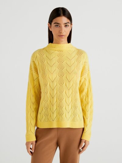 Women's Benetton Wool Blend Lace High Neck Sweaters Yellow | NZ186115