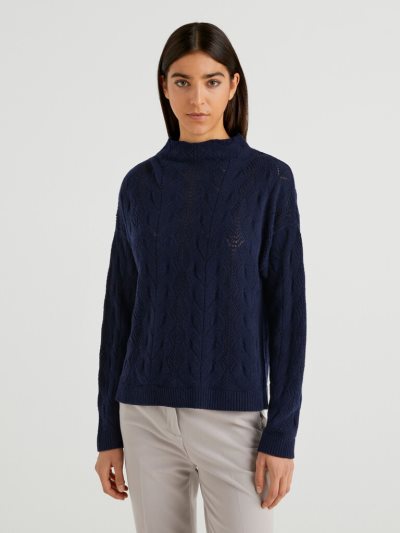 Women's Benetton Wool Blend Lace High Neck Sweaters Dark Blue | NZ653473