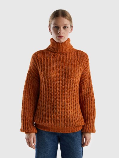 Women's Benetton Wool Blend Turtleneck High Neck Sweaters Orange | NZ274834
