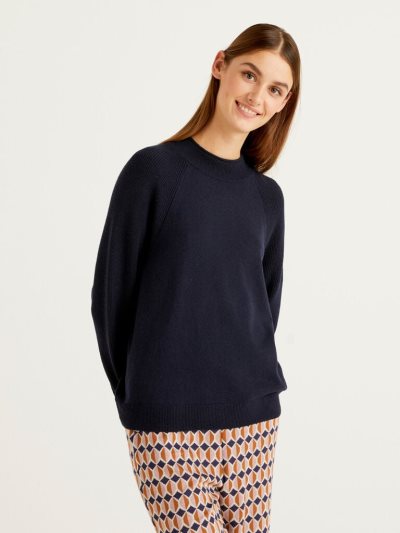 Women's Benetton Wool Blend Turtleneck High Neck Sweaters Dark Blue | NZ429169