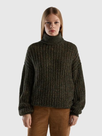 Women's Benetton Wool Blend Turtleneck High Neck Sweaters Military Green | NZ455018
