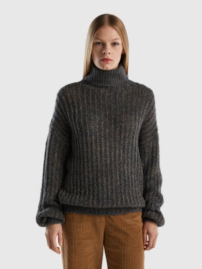 Women's Benetton Wool Blend Turtleneck High Neck Sweaters Dark Blue | NZ788730