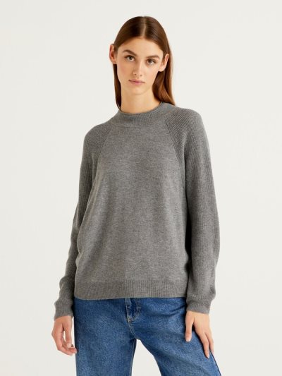 Women's Benetton Wool Blend Turtleneck High Neck Sweaters Dark Grey | NZ927777