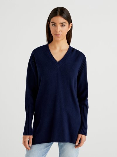 Women's Benetton Wool Blend V-neck Sweaters Dark Blue | NZ084311