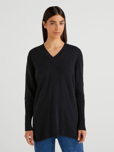 Women's Benetton Wool Blend V-neck Sweaters Black | NZ495563