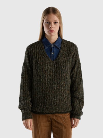Women's Benetton Wool Blend V-neck Sweaters Military Green | NZ544805