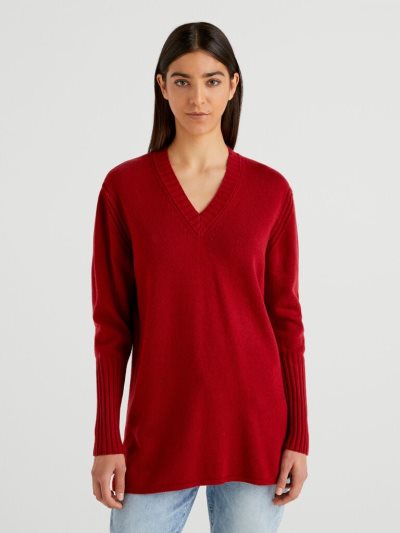 Women's Benetton Wool Blend V-neck Sweaters Burgundy | NZ665820