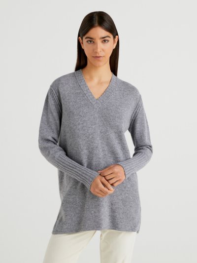 Women's Benetton Wool Blend V-neck Sweaters Grey | NZ818199