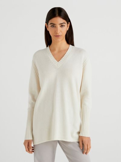 Women's Benetton Wool Blend V-neck Sweaters Creamy White | NZ948506