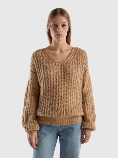 Women's Benetton Wool Blend V-neck Sweaters Nude | NZ984017