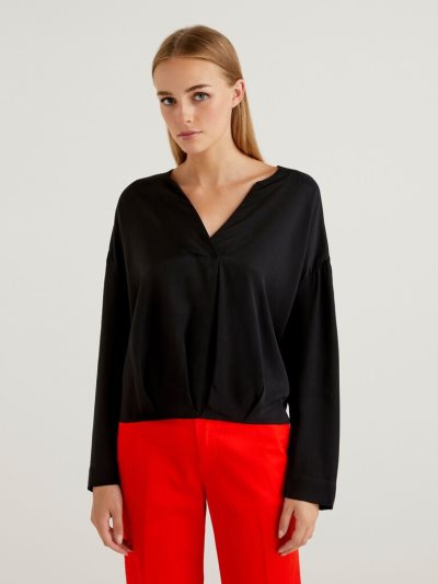 Women's Benetton Wrinkled Look Blouse Black | NZ421444