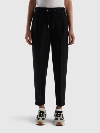 Women's Benetton Yarn Dyed Drawstring Trousers Black | NZ154359