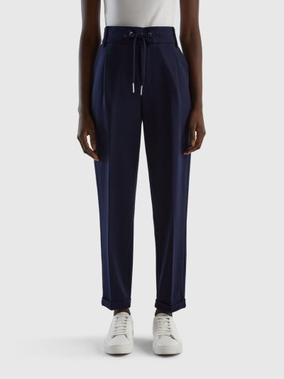 Women's Benetton Yarn Dyed Drawstring Trousers Dark Blue | NZ979862