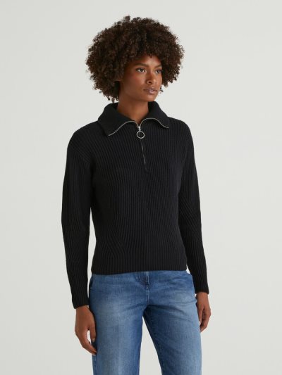 Women's Benetton Zip Opening V-neck Sweaters Black | NZ073891