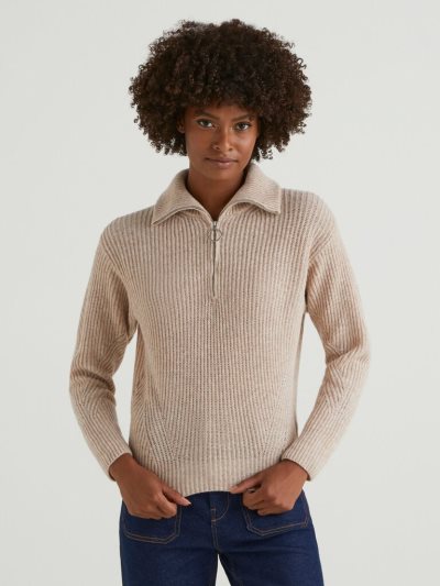 Women's Benetton Zip Opening V-neck Sweaters Beige | NZ593833