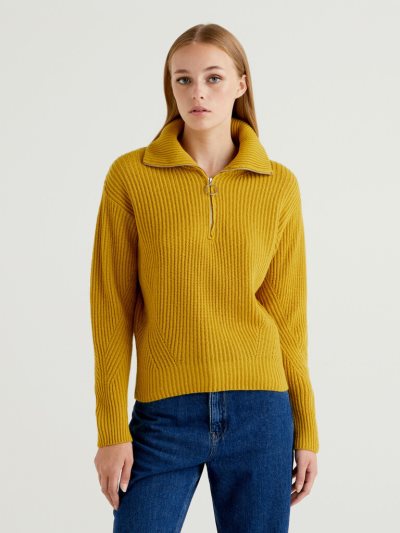 Women's Benetton Zip Opening V-neck Sweaters Yellow | NZ711213