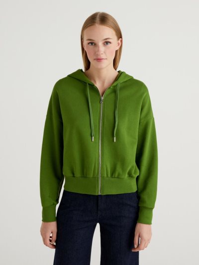 Women's Benetton Zip-up Hoodie Olive Green | NZ679018